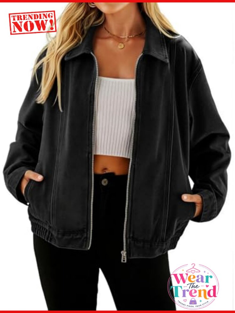 Womens Zip Up Denim Jacket Relaxed Fit Classic Jean Coat Spring Fall Casual